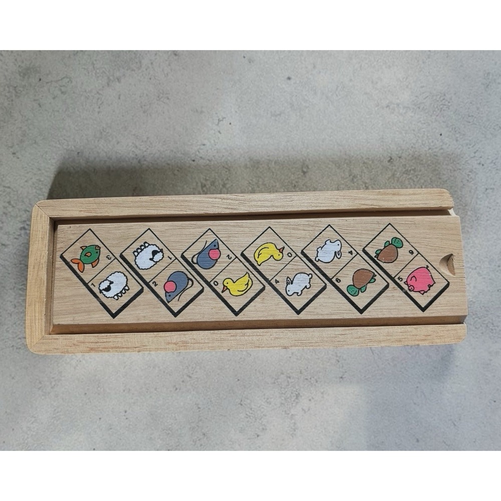 80's Wooden Painted Animal Dominoes ~Set in  Wooden Box